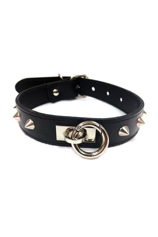 Rouge Leather O Ring Studded Collar - Black