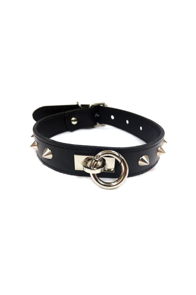 Rouge Leather O Ring Studded Collar - Black