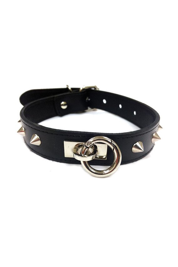 Rouge Leather O Ring Studded Collar - Black