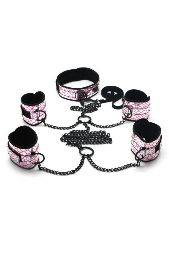 Spartacus Faux Leather Collar to Wrist & Ankle Restraints Bondage Kit w/Leash - Pink