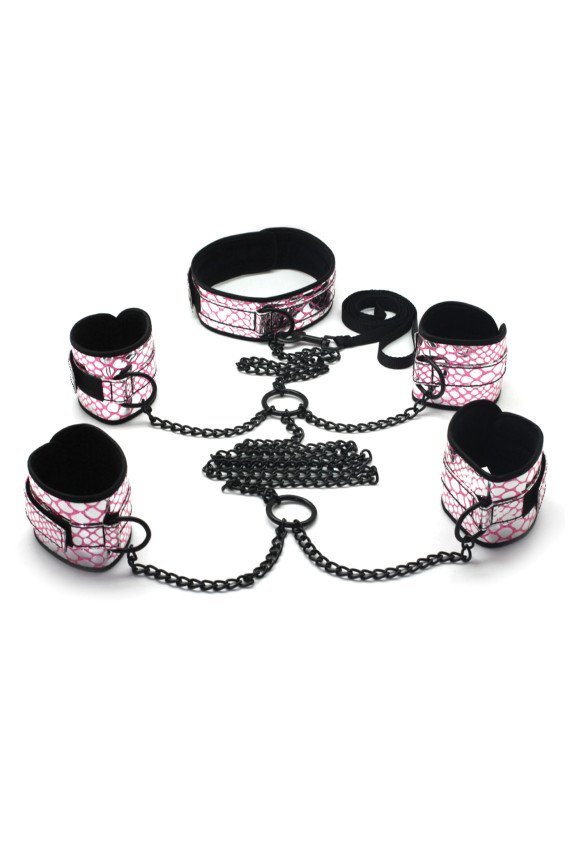 Spartacus Faux Leather Collar to Wrist & Ankle Restraints Bondage Kit w/Leash - Pink