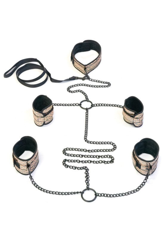 Spartacus Faux Leather Collar to Wrist & Ankle Restraints Bondage Kit w/Leash - Gold