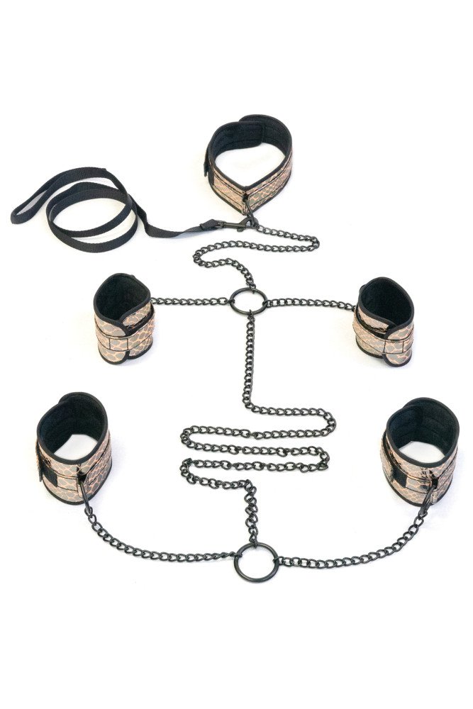 Spartacus Faux Leather Collar to Wrist & Ankle Restraints Bondage Kit w/Leash - Gold