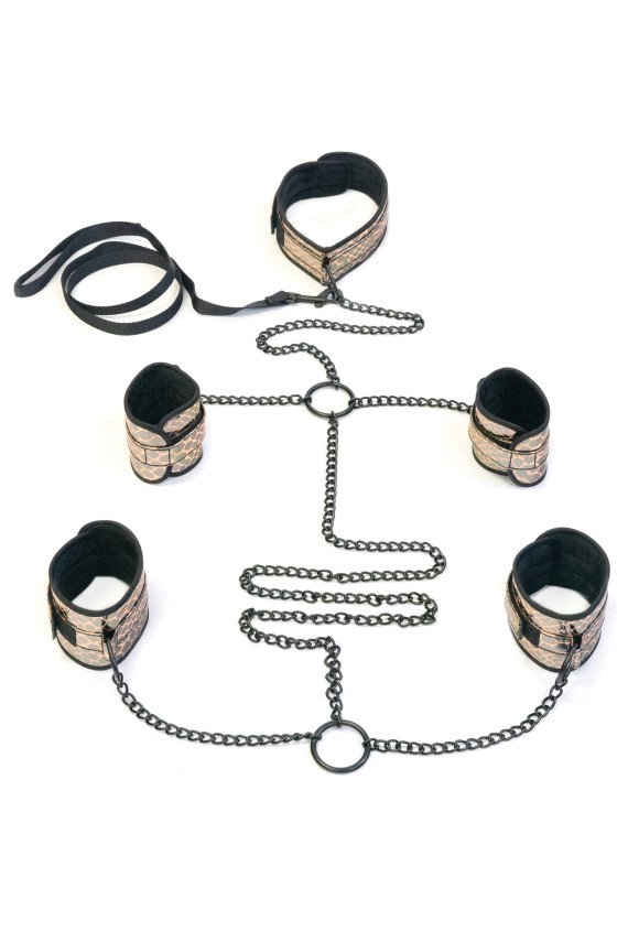 Spartacus Faux Leather Collar to Wrist & Ankle Restraints Bondage Kit w/Leash - Gold