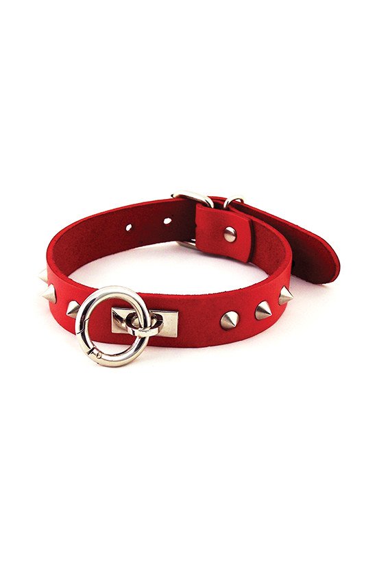 Rouge Leather O Ring Studded Collar - Red