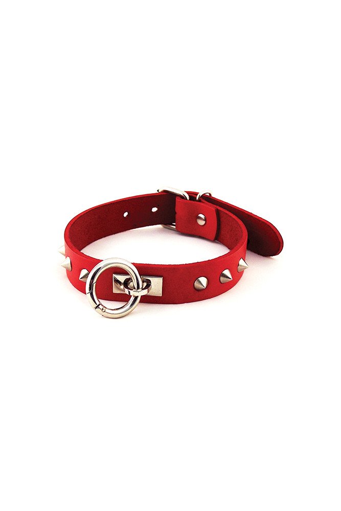Rouge Leather O Ring Studded Collar - Red