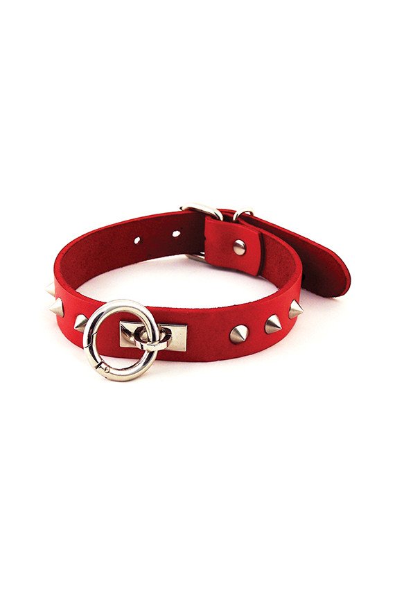 Rouge Leather O Ring Studded Collar - Red