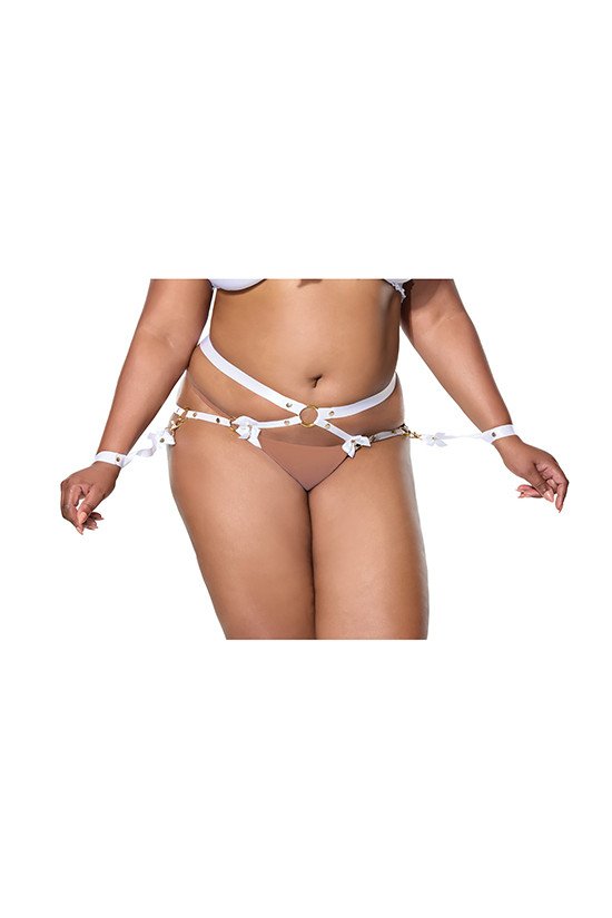 Satin Ribbon w/Elastic Harness & Cuffs Set - White/Gold QN