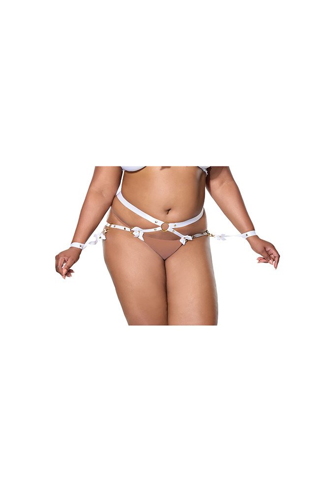 Satin Ribbon w/Elastic Harness & Cuffs Set - White/Gold QN