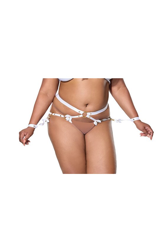 Satin Ribbon w/Elastic Harness & Cuffs Set - White/Gold QN