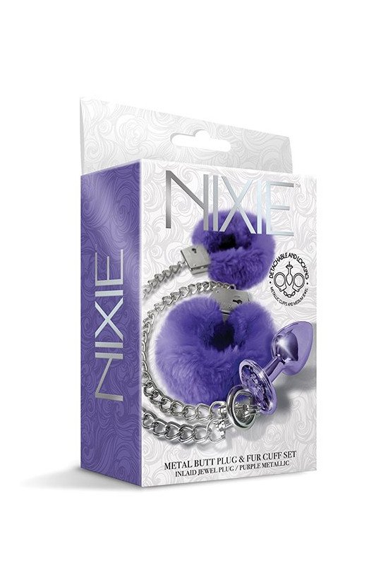 Nixie Metal Butt Plug w/Inlaid Jewel & Fur Cuff Set - Purple Metallic