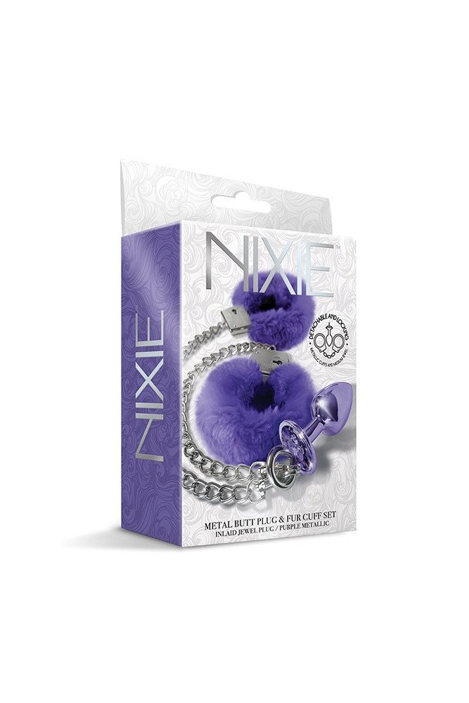 Nixie Metal Butt Plug w/Inlaid Jewel & Fur Cuff Set - Purple Metallic