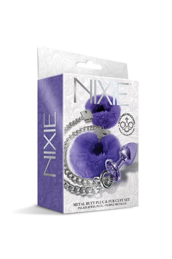 Nixie Metal Butt Plug w/Inlaid Jewel & Fur Cuff Set - Purple Metallic